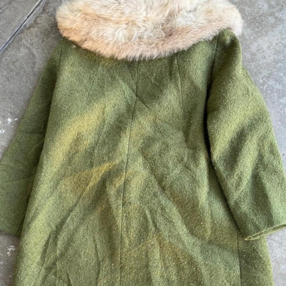 Vintage 60s Green Wool Coat Faux Fur Collar Mod Mid Century Button Front Jacket - Picture 3 of 3
